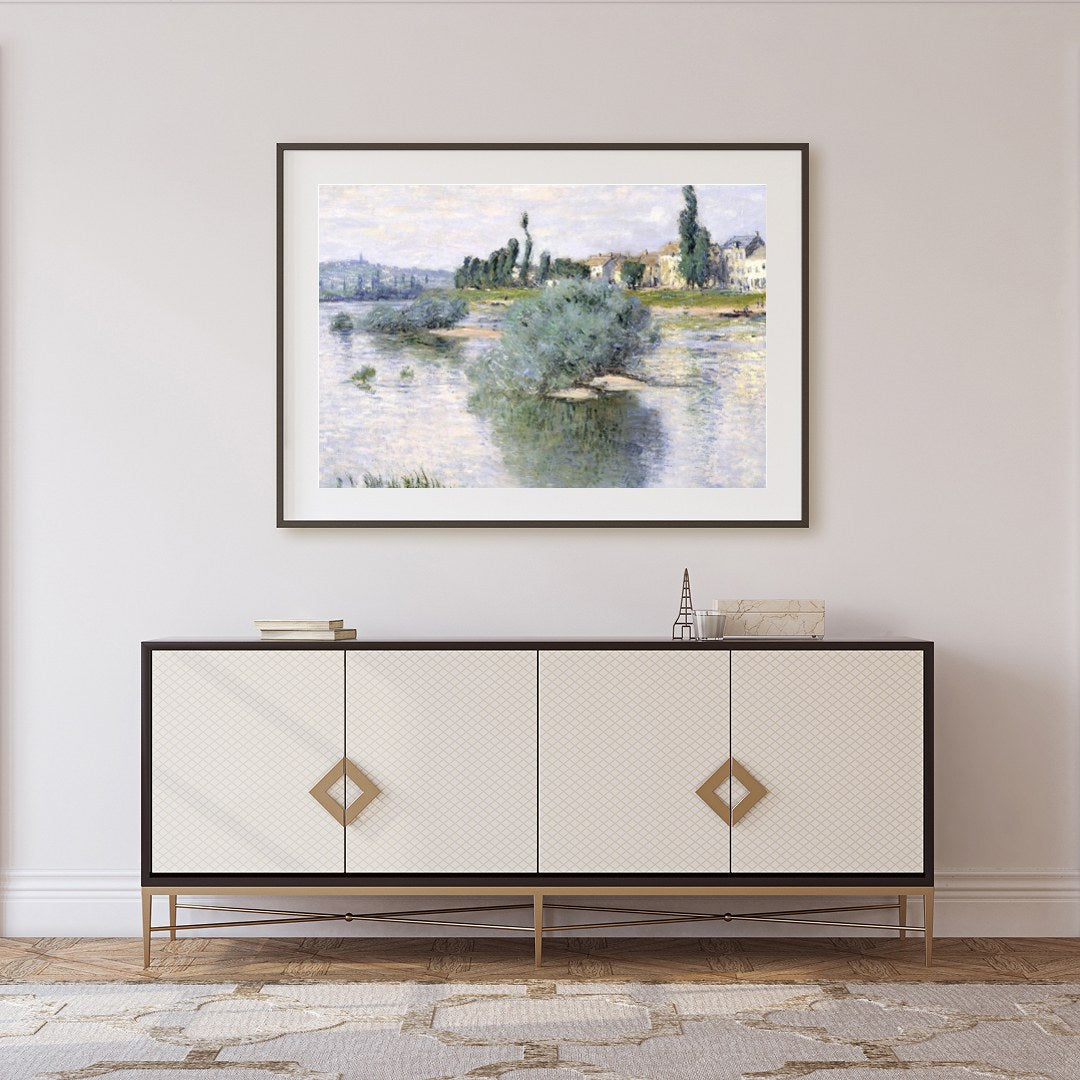 Immerse yourself in serene beauty with this idyllic riverside village painting. Featuring soft for Foyer