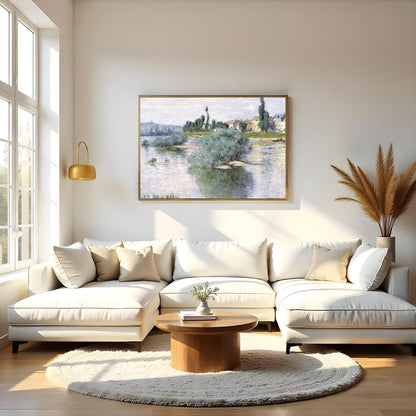 Immerse yourself in serene beauty with this idyllic riverside village painting. Featuring soft for Living Room