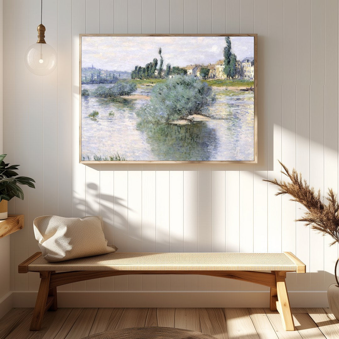 Immerse yourself in serene beauty with this idyllic riverside village painting. Featuring soft for Hallway