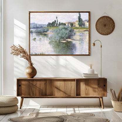 Immerse yourself in serene beauty with this idyllic riverside village painting. Featuring soft for Sitting Area