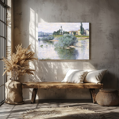 Immerse yourself in serene beauty with this idyllic riverside village painting. Featuring soft for Veranda