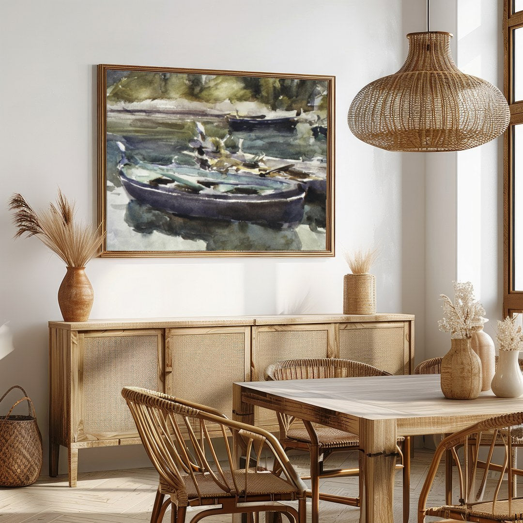 This serene watercolor painting captures the gentle stillness of rowboats resting on a misty lake. for Dining
