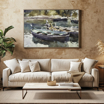 This serene watercolor painting captures the gentle stillness of rowboats resting on a misty lake. for Family Room
