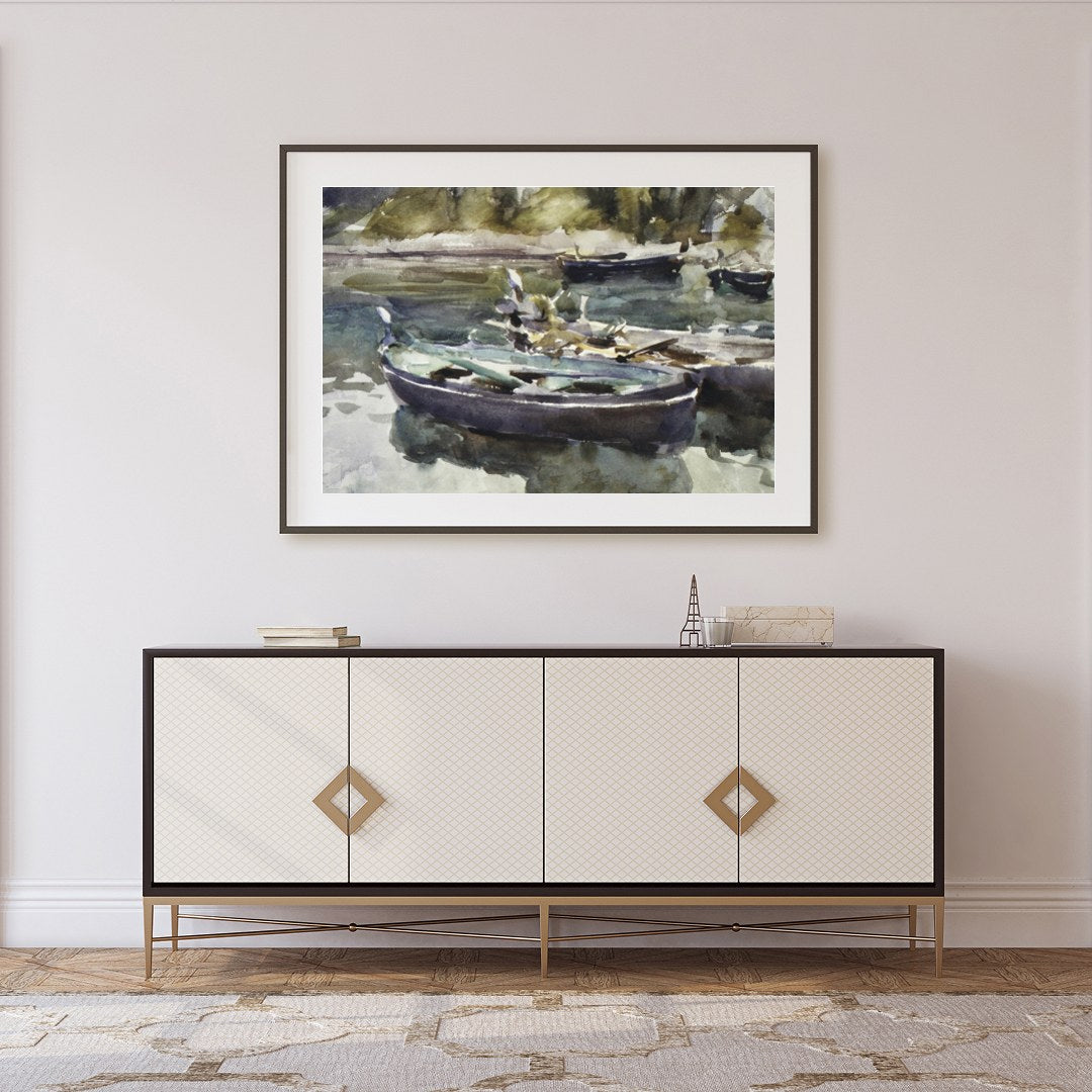 This serene watercolor painting captures the gentle stillness of rowboats resting on a misty lake. for Foyer