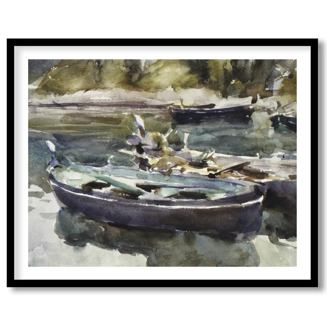 This serene watercolor painting captures the gentle stillness of rowboats resting on a misty lake. for gallery