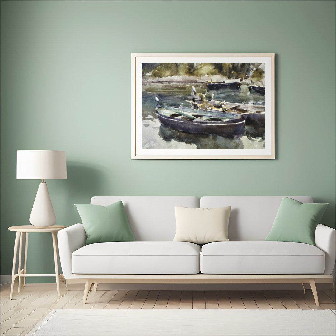 This serene watercolor painting captures the gentle stillness of rowboats resting on a misty lake. for Hall