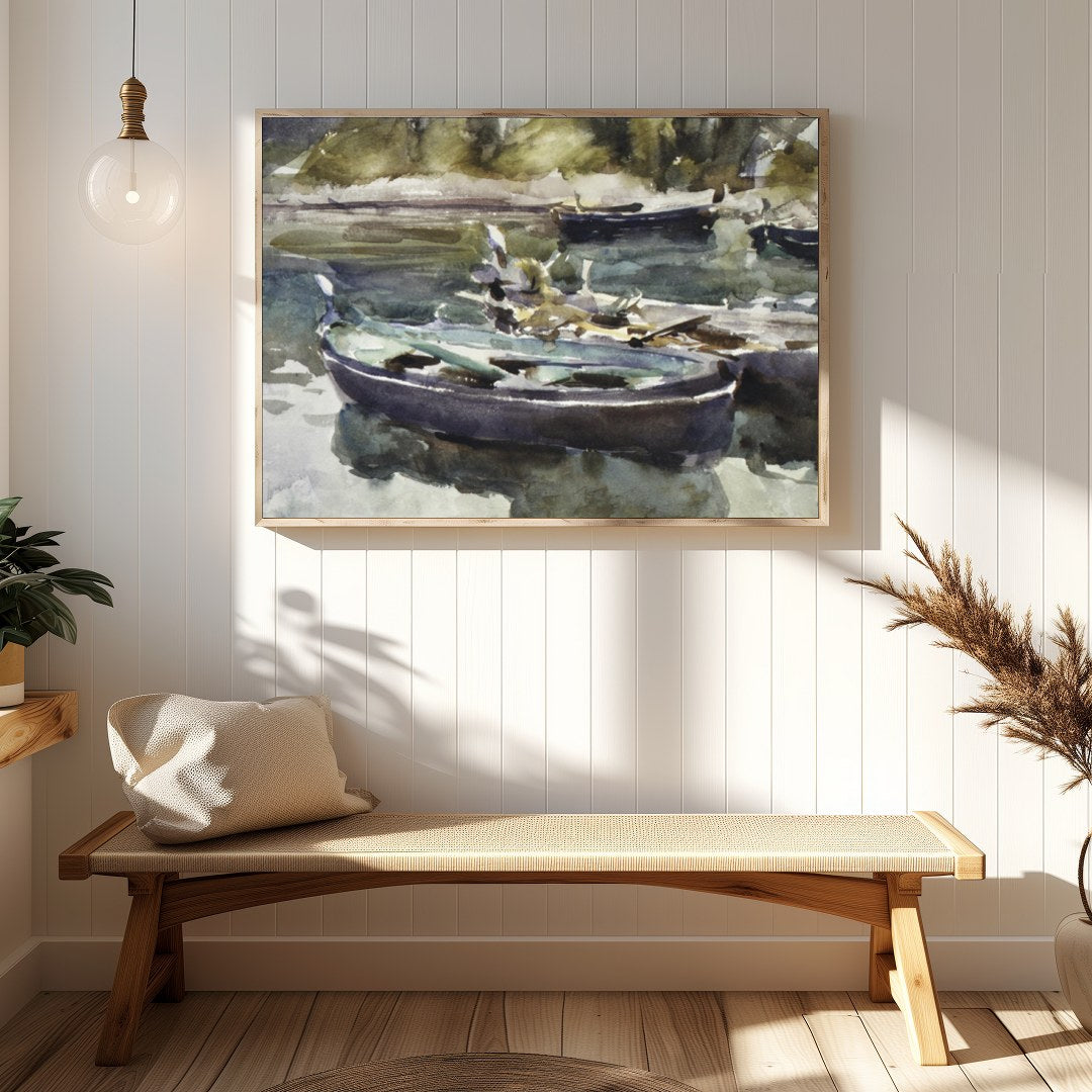 This serene watercolor painting captures the gentle stillness of rowboats resting on a misty lake. for Hallway