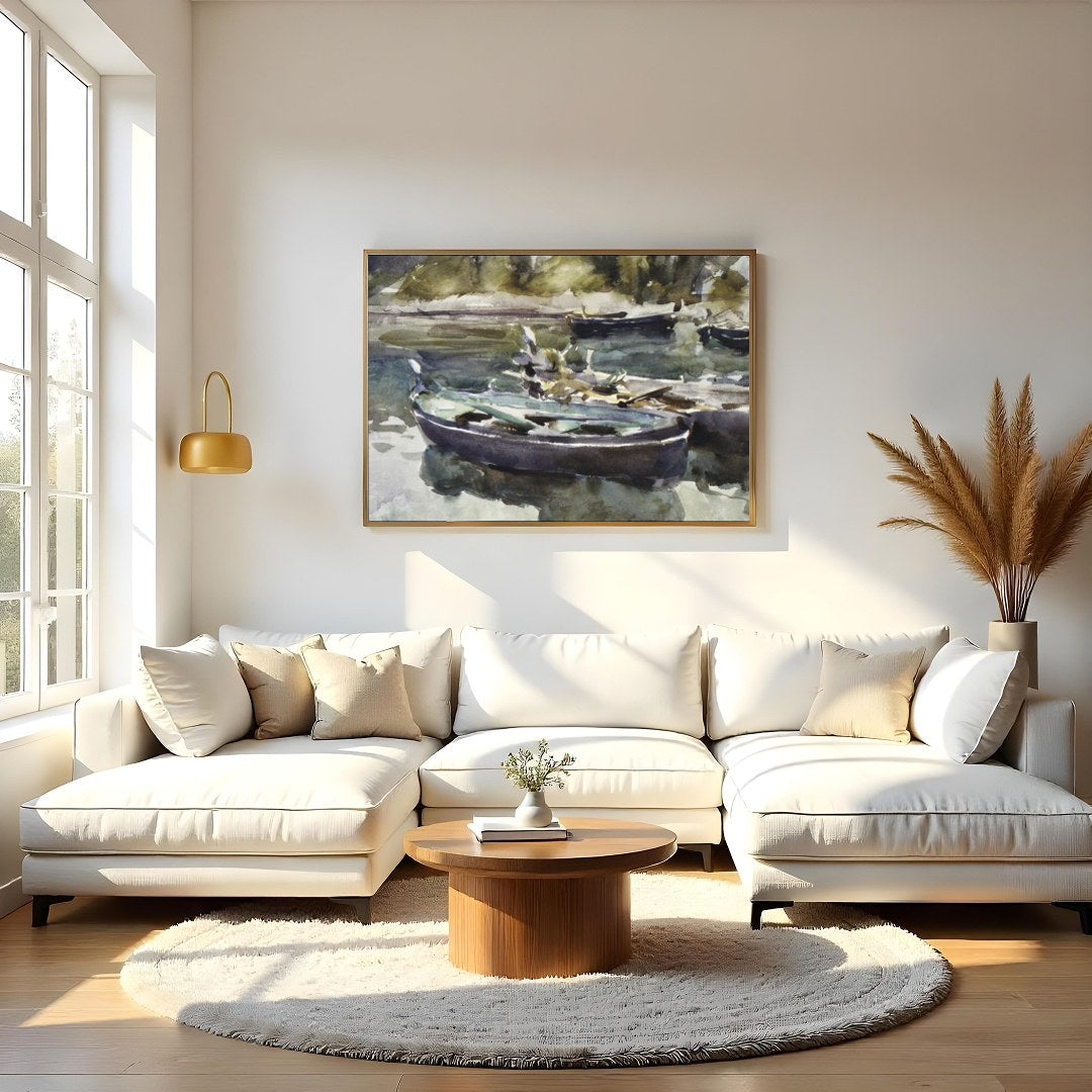 This serene watercolor painting captures the gentle stillness of rowboats resting on a misty lake. for Living Room