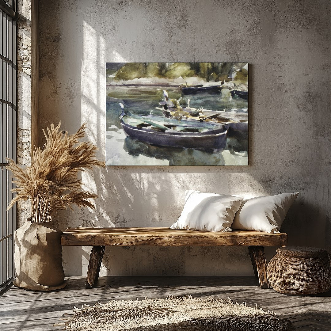 This serene watercolor painting captures the gentle stillness of rowboats resting on a misty lake. for Veranda
