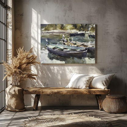 This serene watercolor painting captures the gentle stillness of rowboats resting on a misty lake. for Veranda