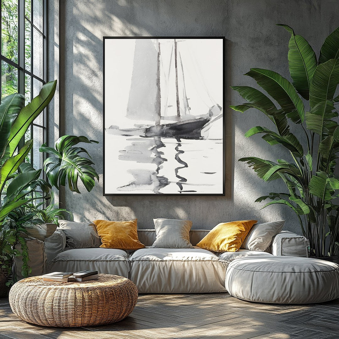 This serene watercolor artwork captures the gentle elegance of a sailboat gliding across calm for Balcony
