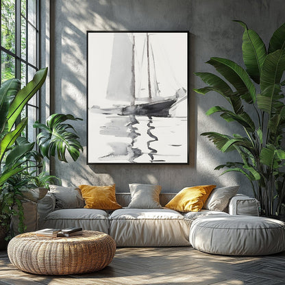 This serene watercolor artwork captures the gentle elegance of a sailboat gliding across calm for Balcony