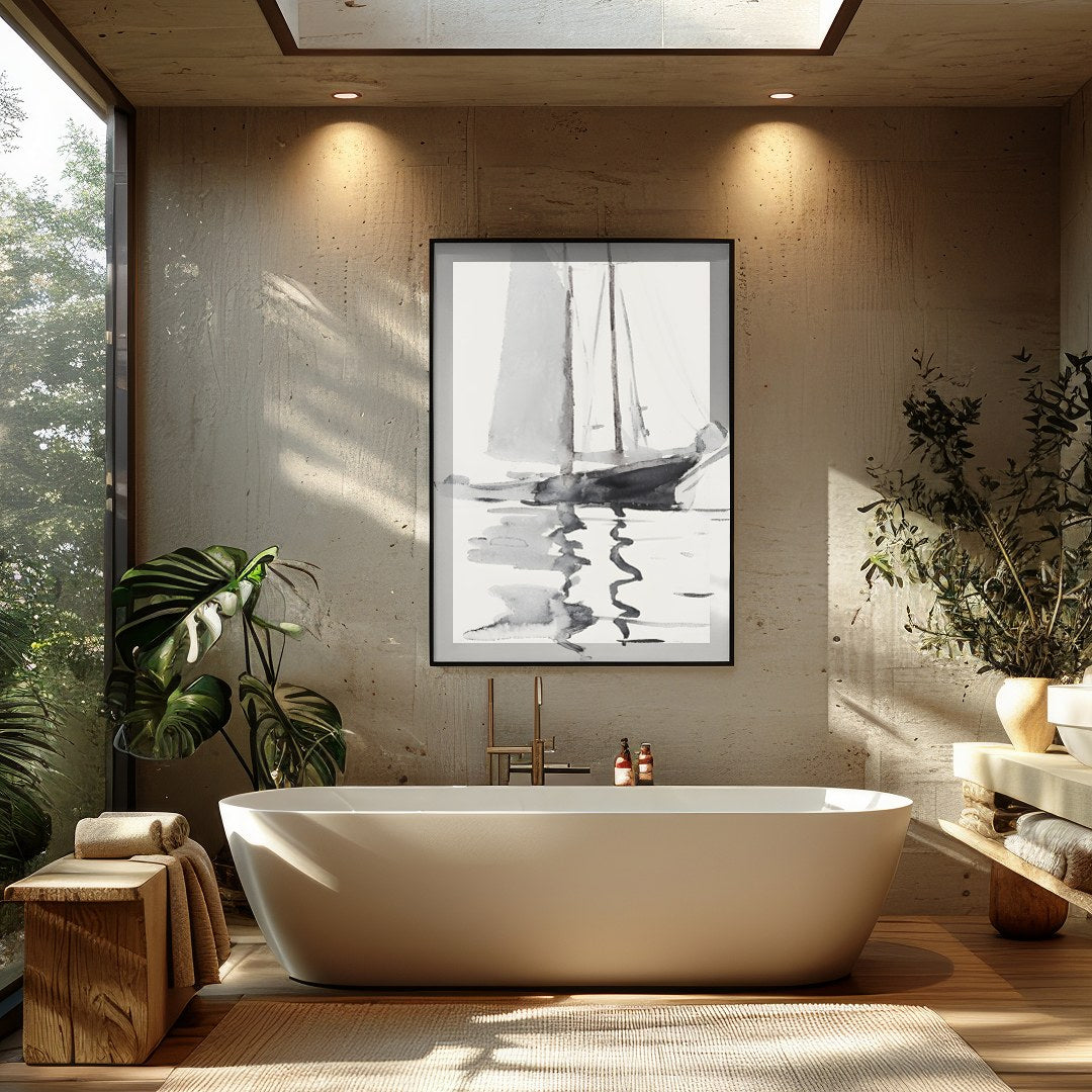 This serene watercolor artwork captures the gentle elegance of a sailboat gliding across calm for Bathroom