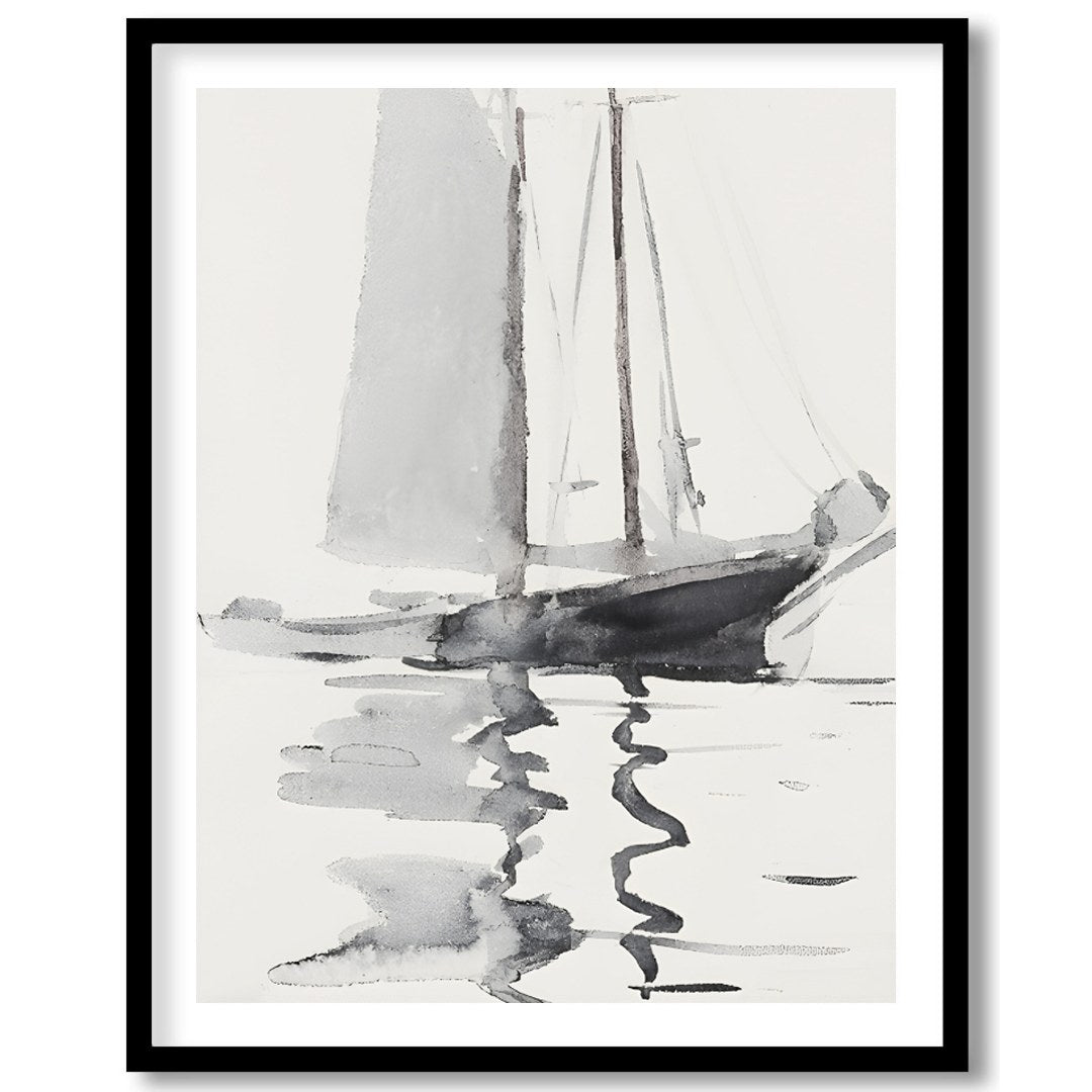 This serene watercolor artwork captures the gentle elegance of a sailboat gliding across calm for decor