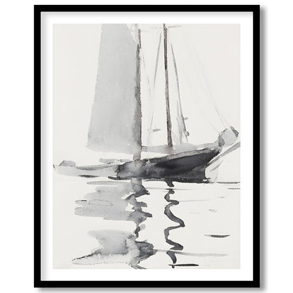This serene watercolor artwork captures the gentle elegance of a sailboat gliding across calm for decor