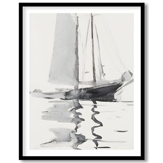 This serene watercolor artwork captures the gentle elegance of a sailboat gliding across calm for decor