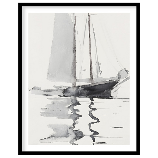 This serene watercolor artwork captures the gentle elegance of a sailboat gliding across calm for decor