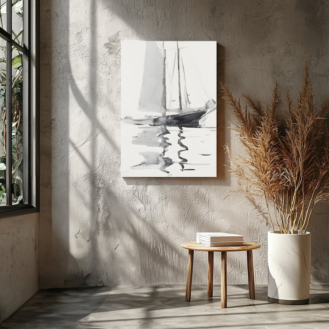 This serene watercolor artwork captures the gentle elegance of a sailboat gliding across calm for Entrance