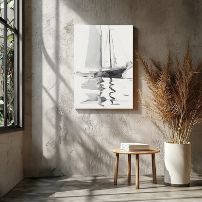 This serene watercolor artwork captures the gentle elegance of a sailboat gliding across calm for Entrance