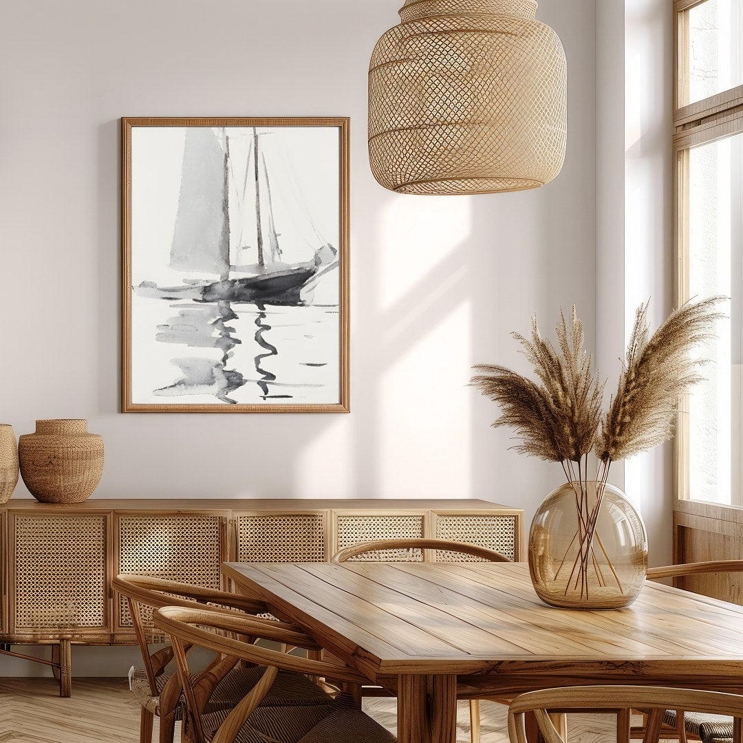 This serene watercolor artwork captures the gentle elegance of a sailboat gliding across calm for Extra Kitchen
