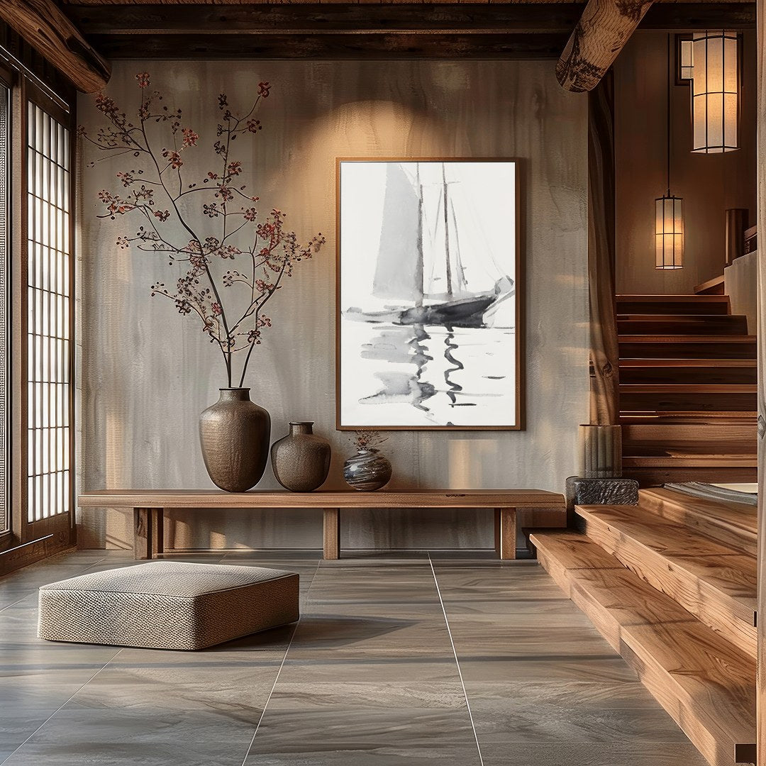 This serene watercolor artwork captures the gentle elegance of a sailboat gliding across calm for Hall