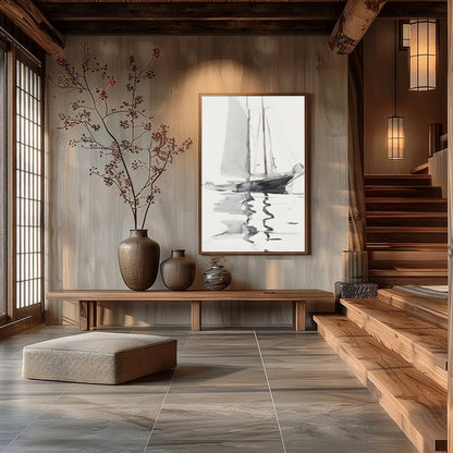 This serene watercolor artwork captures the gentle elegance of a sailboat gliding across calm for Hall