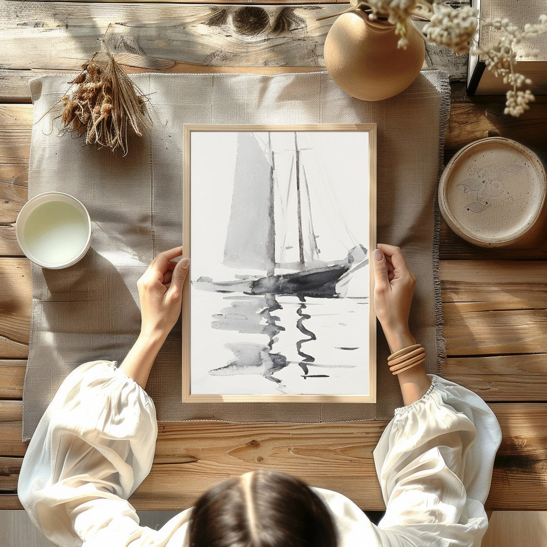 This serene watercolor artwork captures the gentle elegance of a sailboat gliding across calm for Kitchen