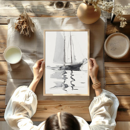 This serene watercolor artwork captures the gentle elegance of a sailboat gliding across calm for Kitchen