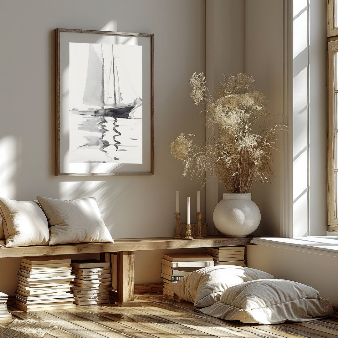 This serene watercolor artwork captures the gentle elegance of a sailboat gliding across calm for office