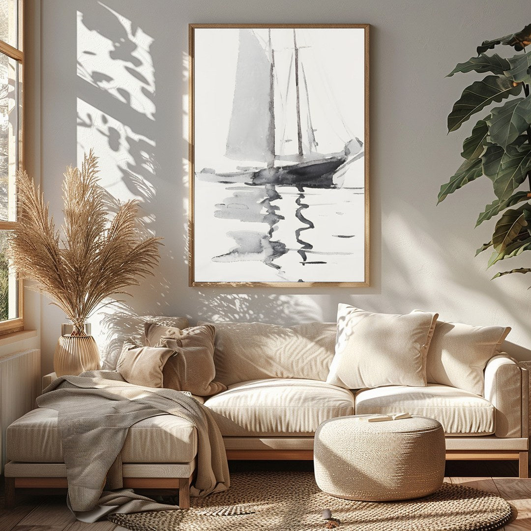 This serene watercolor artwork captures the gentle elegance of a sailboat gliding across calm for Sitting Area