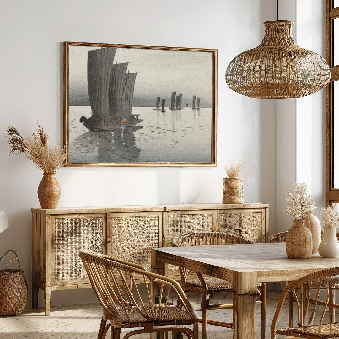 Immerse yourself in the serene beauty of 'Tranquil Sailboats at Dusk,' a captivating artwork that for Dining