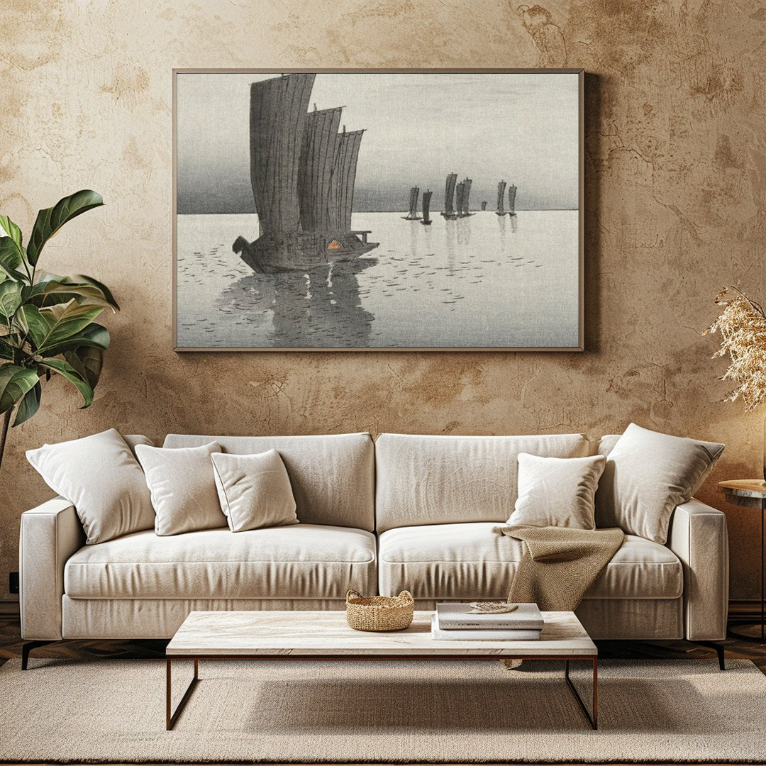 Immerse yourself in the serene beauty of 'Tranquil Sailboats at Dusk,' a captivating artwork that for Family Room