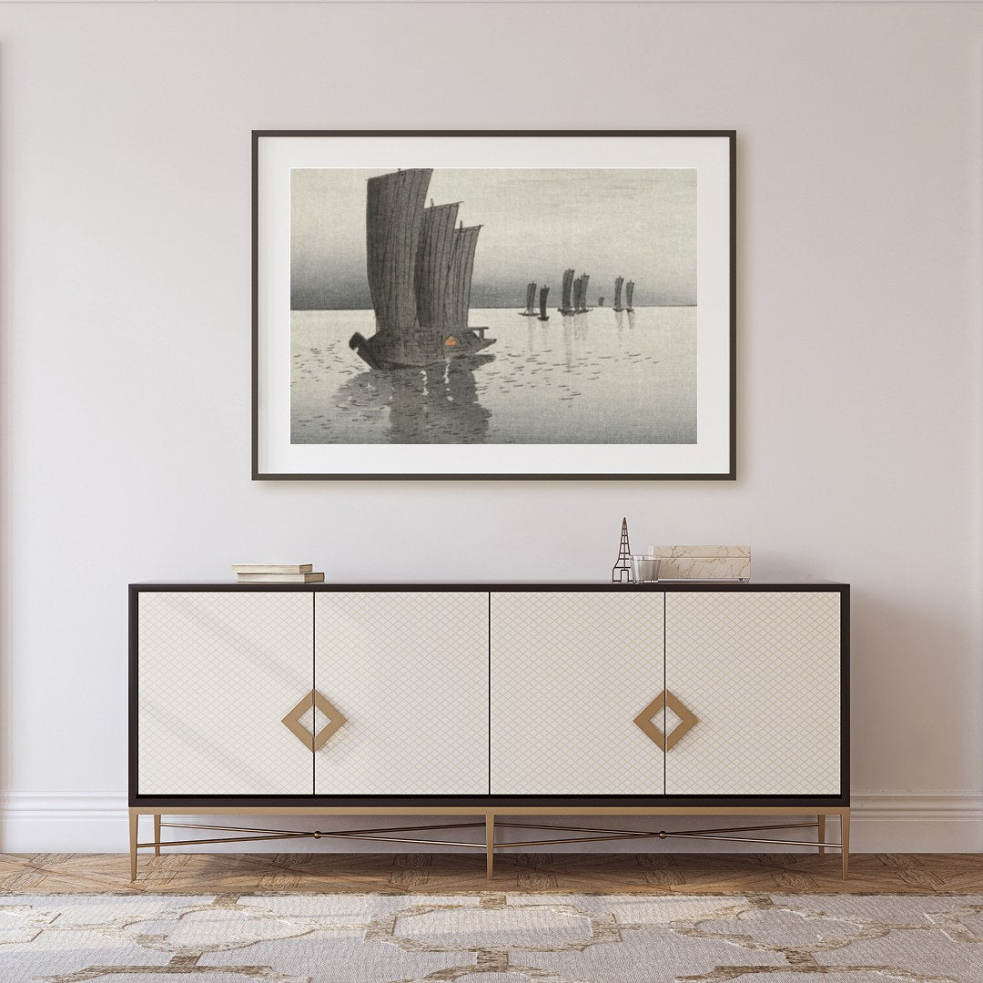 Immerse yourself in the serene beauty of 'Tranquil Sailboats at Dusk,' a captivating artwork that for Foyer