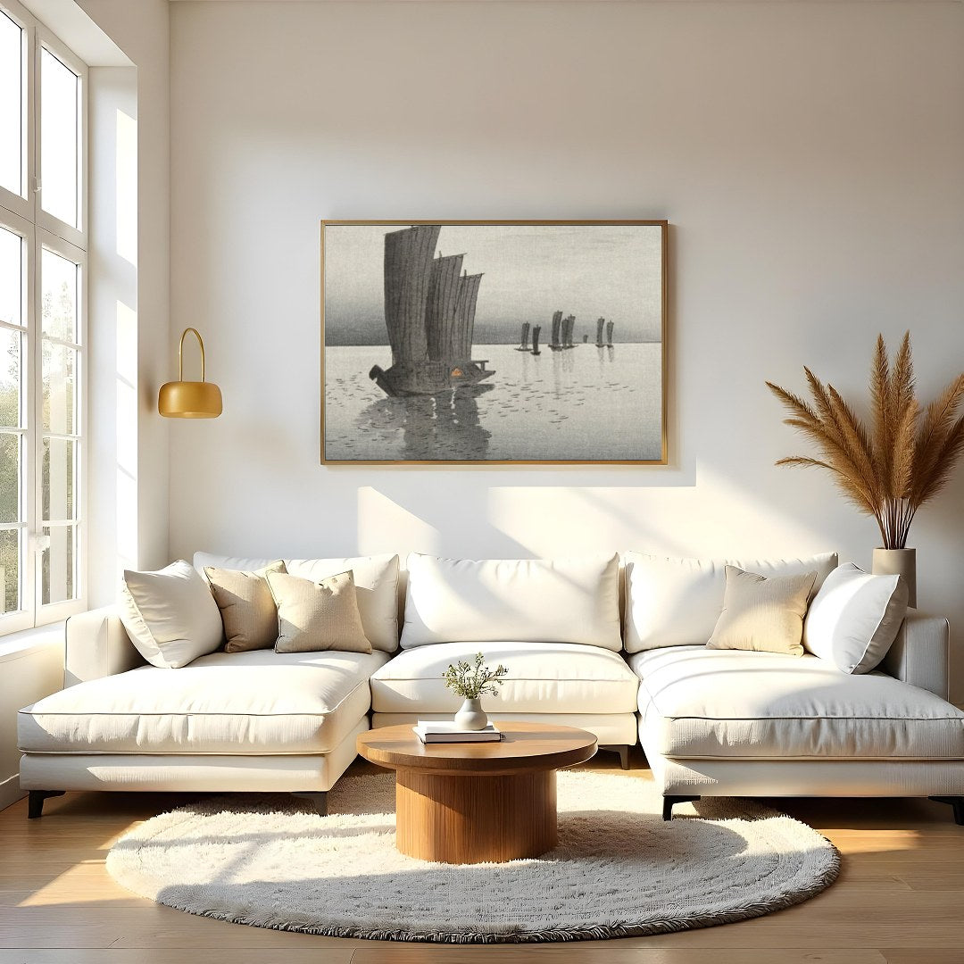 Immerse yourself in the serene beauty of 'Tranquil Sailboats at Dusk,' a captivating artwork that for Living Room