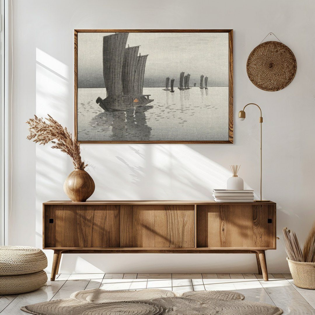 Immerse yourself in the serene beauty of 'Tranquil Sailboats at Dusk,' a captivating artwork that for Sitting Area