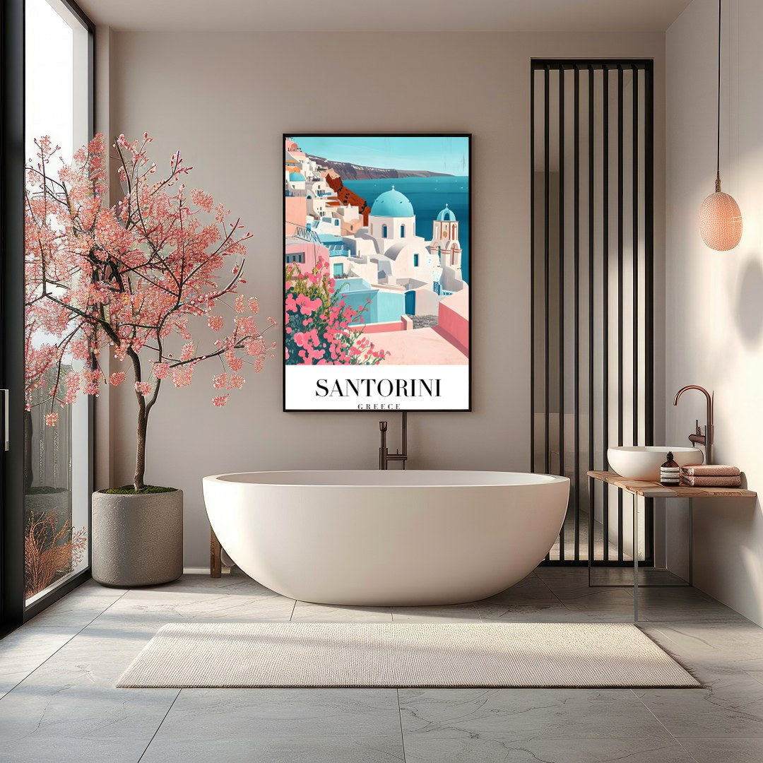Immerse yourself in the idyllic charm of Santorini with this beautifully crafted artwork. Featuring for Bathroom