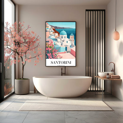 Immerse yourself in the idyllic charm of Santorini with this beautifully crafted artwork. Featuring for Bathroom