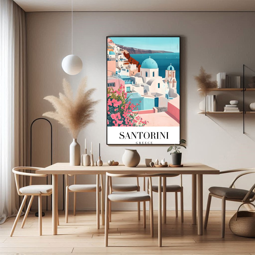 Immerse yourself in the idyllic charm of Santorini with this beautifully crafted artwork. Featuring for Dining
