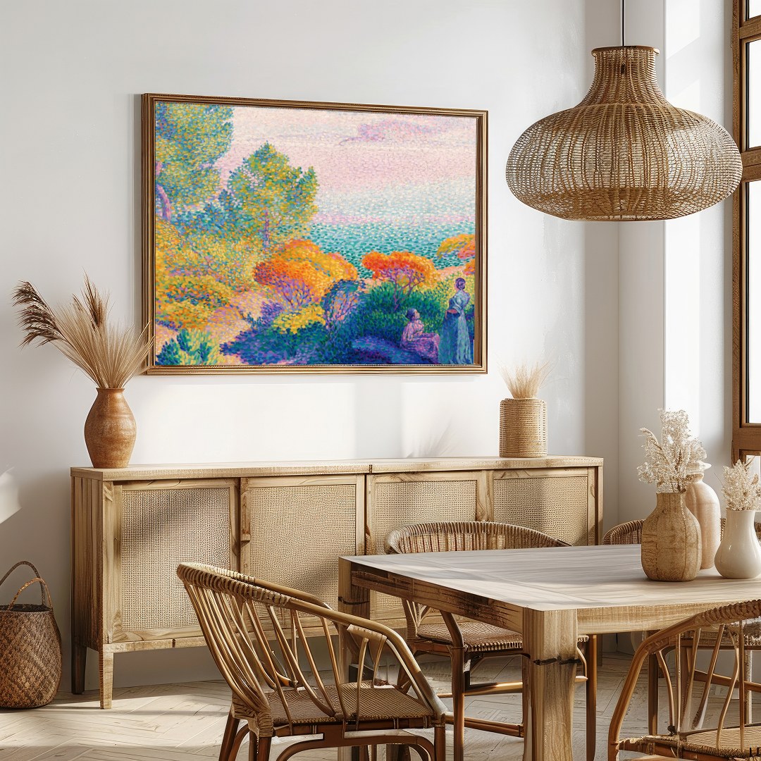 Immerse yourself in the calming ambiance of this impressionistic seaside scene. Rich in vibrant for Dining