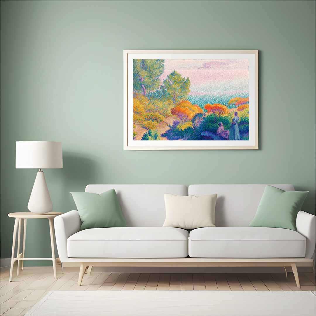 Immerse yourself in the calming ambiance of this impressionistic seaside scene. Rich in vibrant for Hall