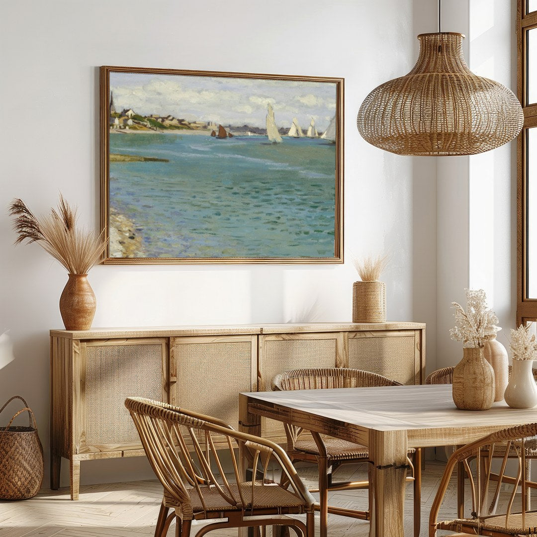 Immerse yourself in the serene beauty of this coastal regatta scene. This artwork captures the for Dining