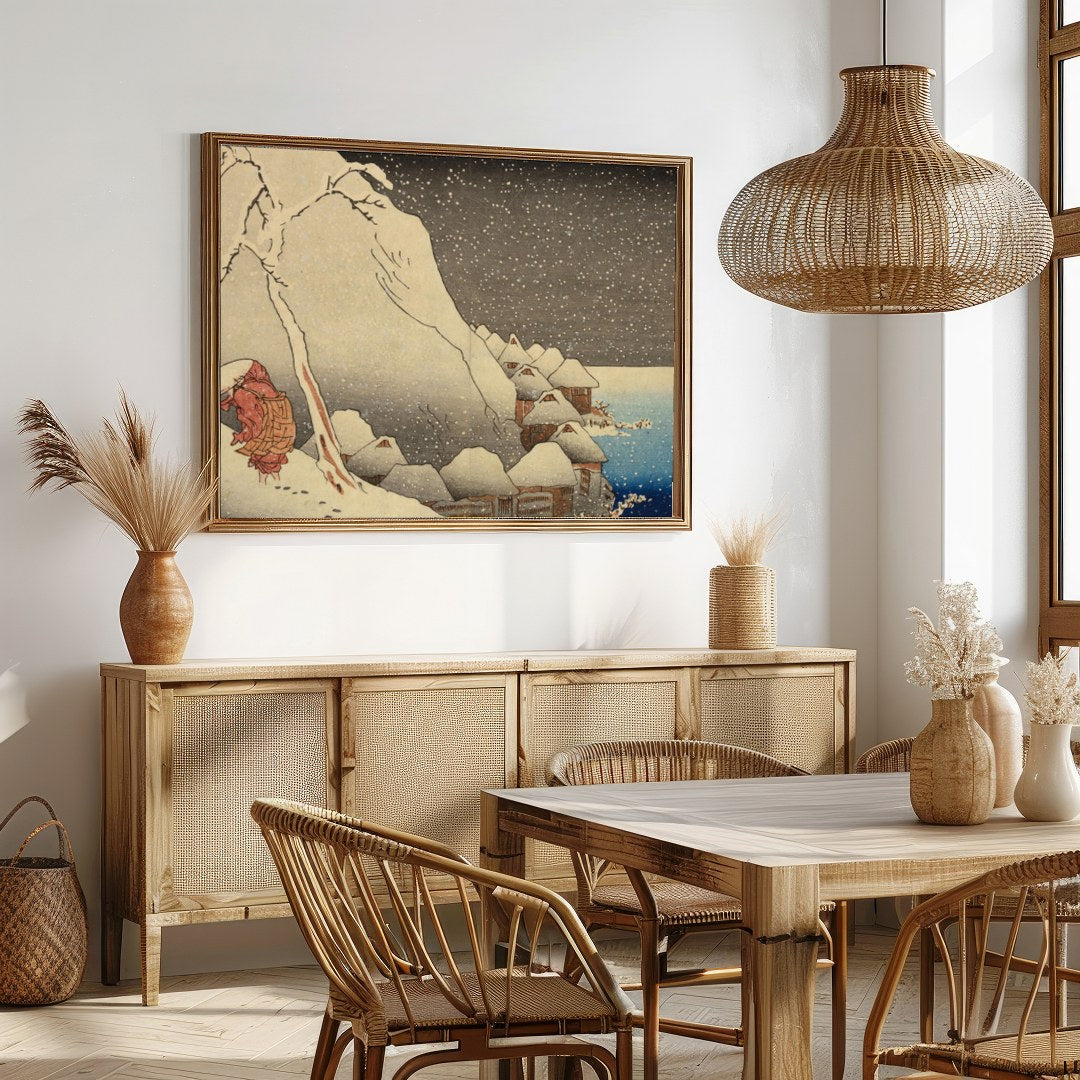 Experience the serene beauty of a snowy Edo-period village with this stunning piece of wall art. for Dining