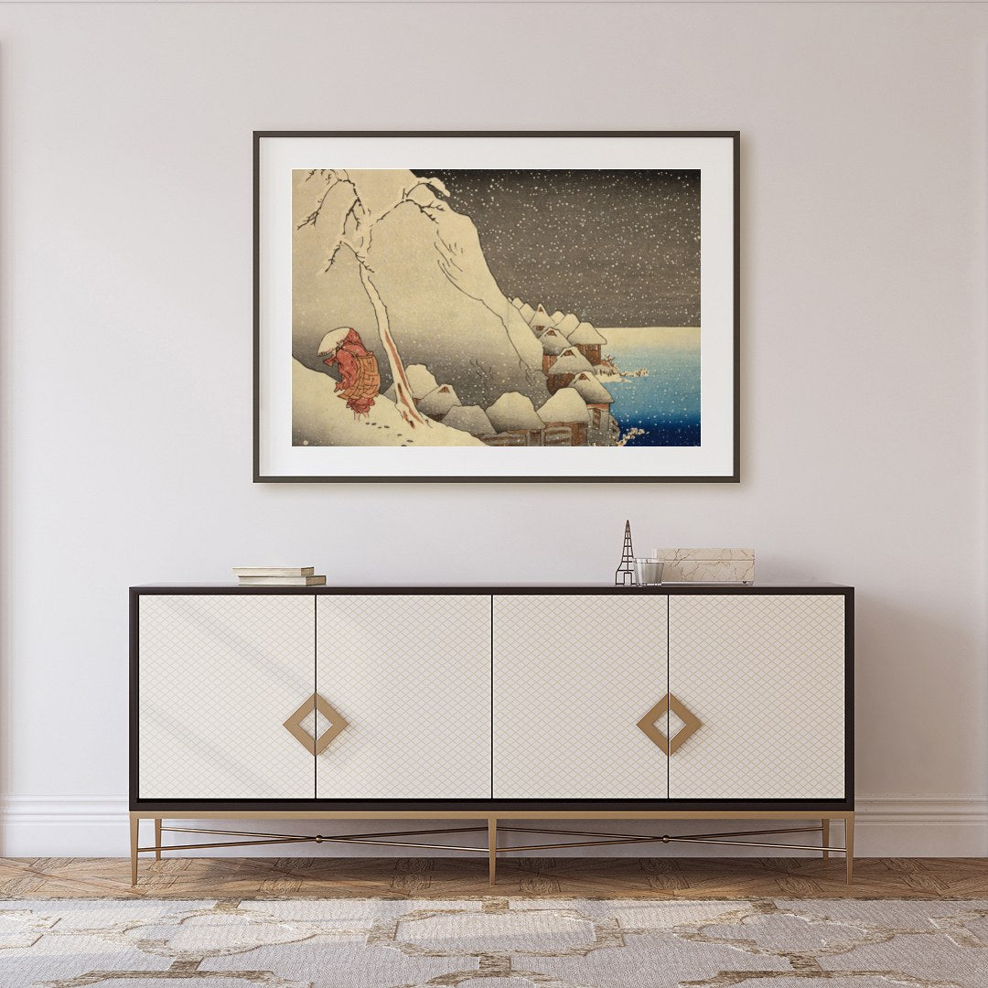 Experience the serene beauty of a snowy Edo-period village with this stunning piece of wall art. for Foyer