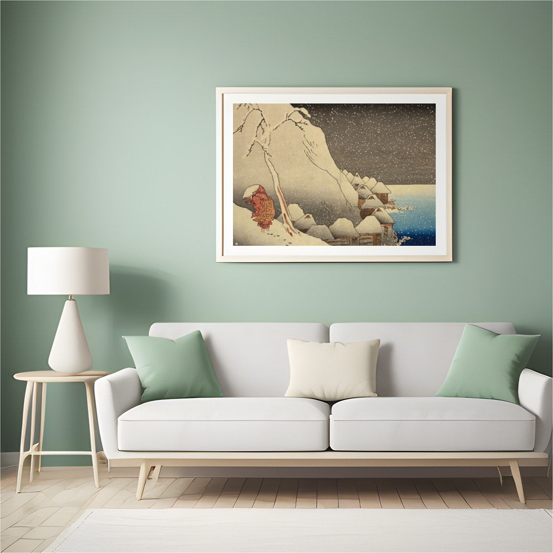 Experience the serene beauty of a snowy Edo-period village with this stunning piece of wall art. for Hall