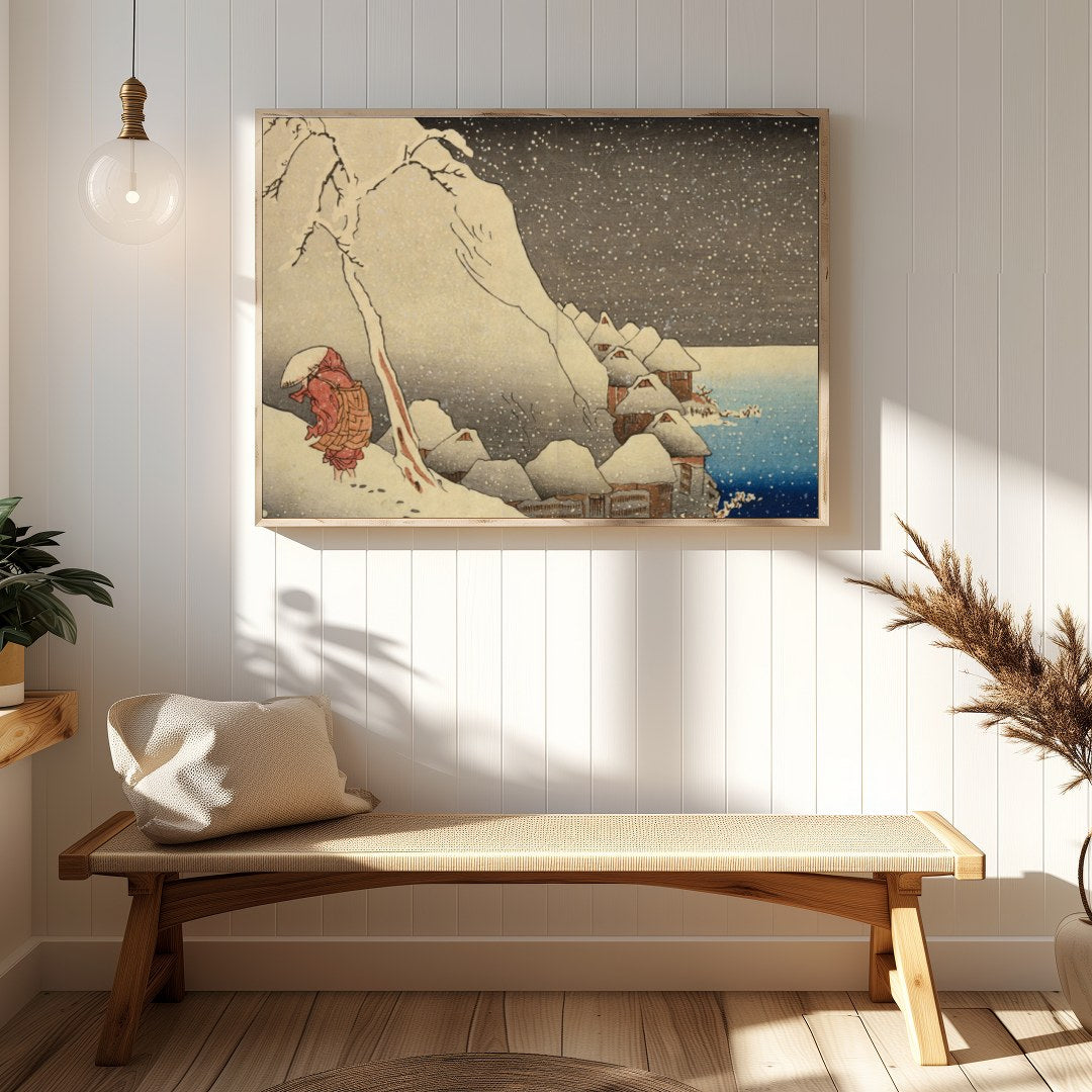Experience the serene beauty of a snowy Edo-period village with this stunning piece of wall art. for Hallway