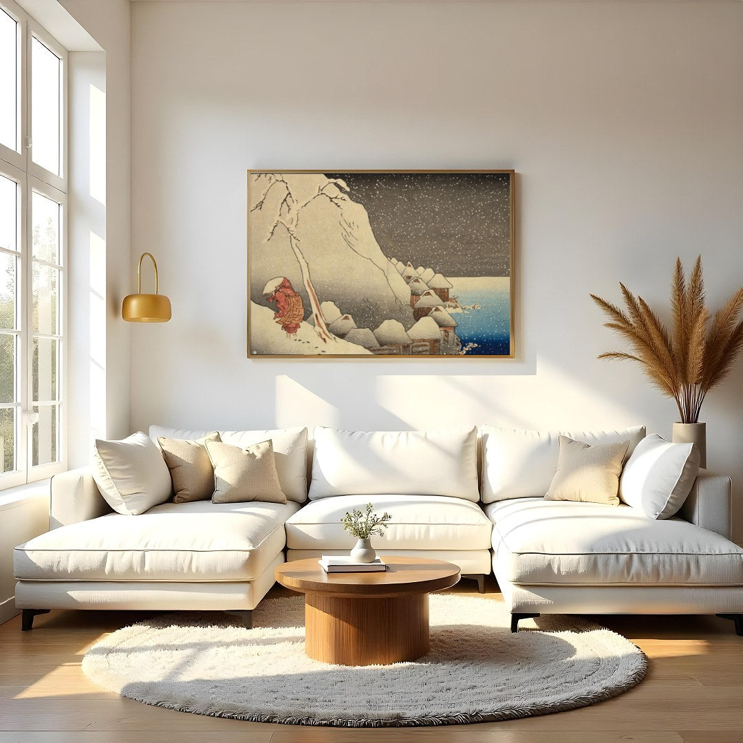 Experience the serene beauty of a snowy Edo-period village with this stunning piece of wall art. for Living Room