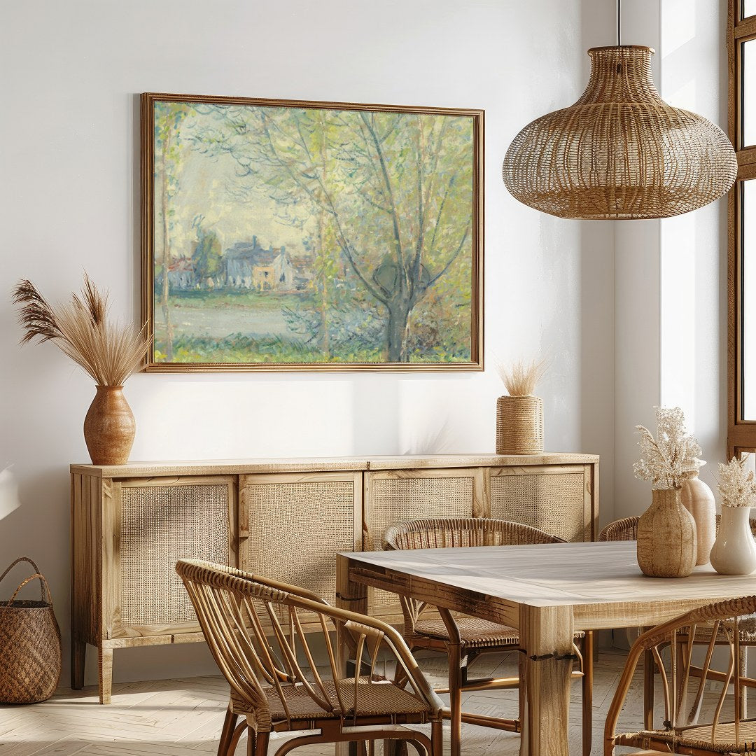 Immerse yourself in the serene beauty of a spring day with this enchanting landscape painting. for Dining