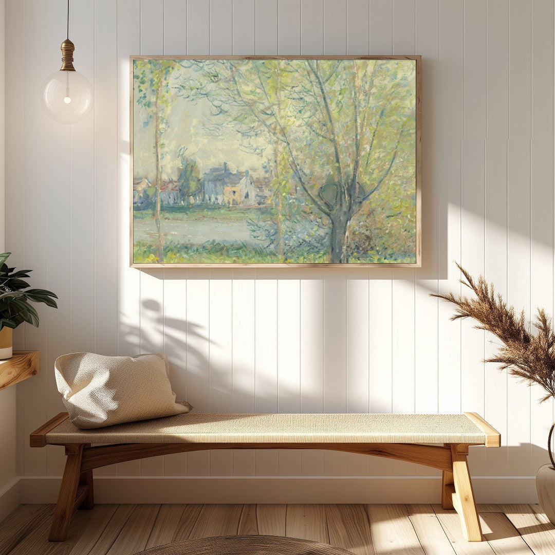 Immerse yourself in the serene beauty of a spring day with this enchanting landscape painting. for Hallway