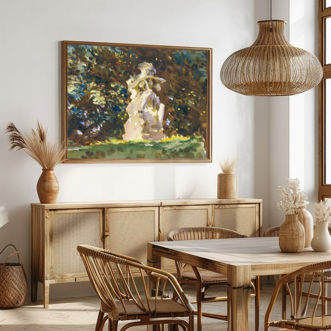 This serene artwork captures the timeless beauty of a stone figure nestled within a lush, green for Dining