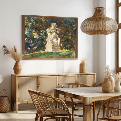 This serene artwork captures the timeless beauty of a stone figure nestled within a lush, green for Dining